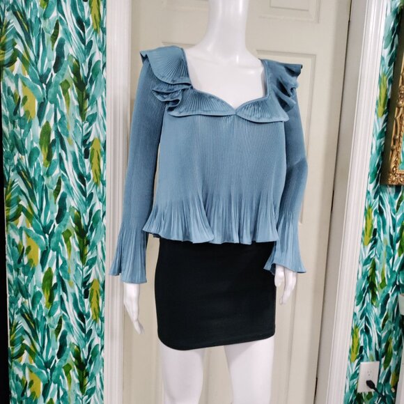Derek Lam 10 Crosby Charis Pleated Ruffle Whimsy Top Long Bell Sleeves Blue S - Picture 4 of 15